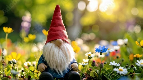 Charming garden gnome with red hat sitting amidst colorful wildflowers in a sunny meadow, creating a whimsical scene in nature.