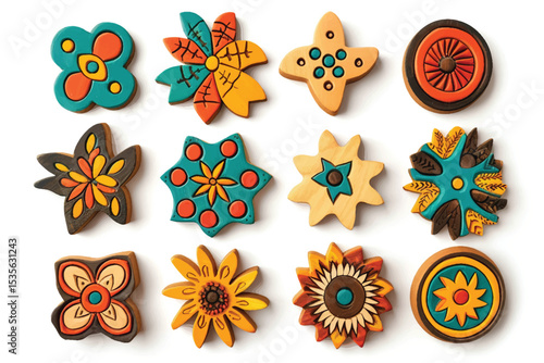 Floral Set in Retro 1970 Peace Style. Collection of Floral Seventies Elements. Groovy Flowers. Hand Drawn Vector Illustration. Trendy 70s. Designed for fabric, textile, printing.