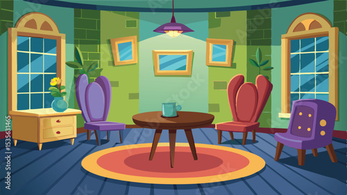 Cartoon Room Scene with Furniture, Windows, and Paintings for Background Illustration