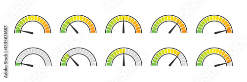 Speedometer icons set. Dashboard performance indicator sign