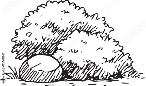 This detailed black-and-white sketch shows a rugged, standalone rock with textured surfaces, perfect for nature-inspired illustrations, landscape designs, or outdoor art. Its earthy 