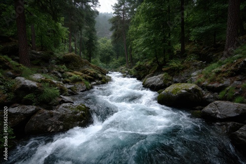 Cascading river flows through lush forest in a serene natural landscape during early morning
