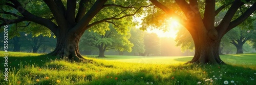 A vibrant, sunlit meadow encircled by ancient trees, creating a feeling of peace and serenity Perfect for concepts of nature's embrace, sanctuary, and spiritual connection , earth, renewal, sacred