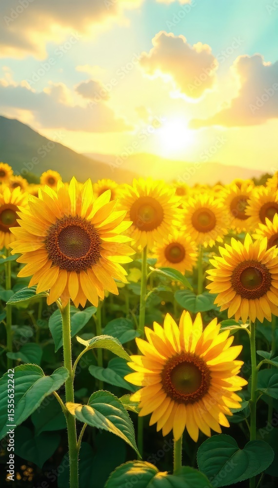 Fototapeta premium A vibrant field of sunflowers basking in the golden sunlight, their tall stalks swaying gently in the summer breeze Perfect for illustrating summer, nature, or happy themes , flora, outdoor