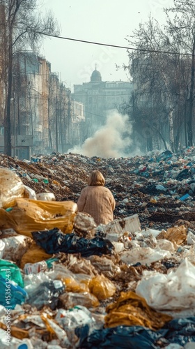 mountain of garbage waste plastic bottles packages of rotting food	
