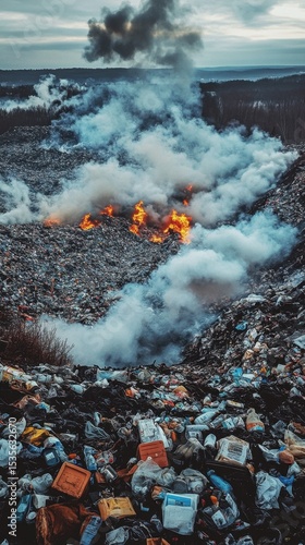 mountain of garbage waste plastic bottles packages of rotting food	
