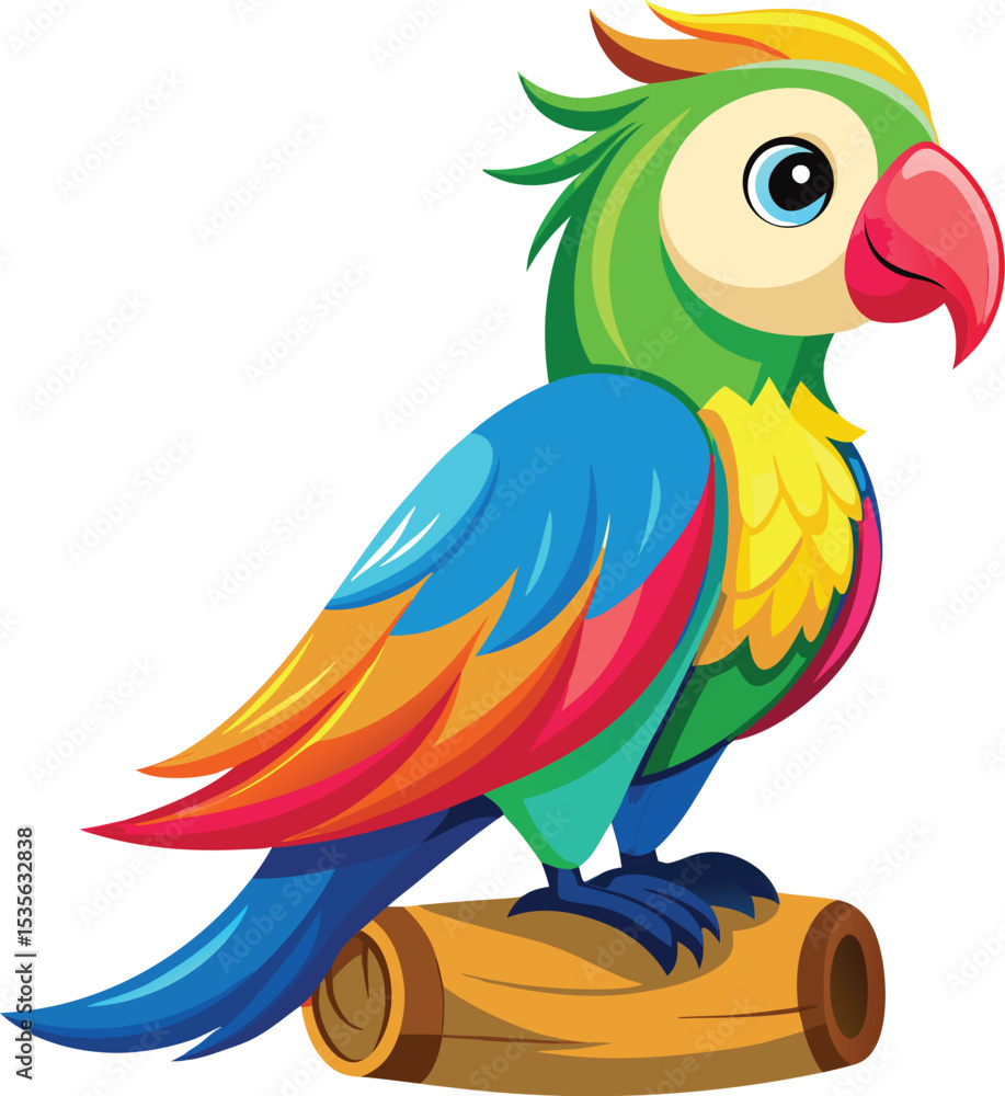 Naklejka premium Colorful cartoon parrot on wooden log
