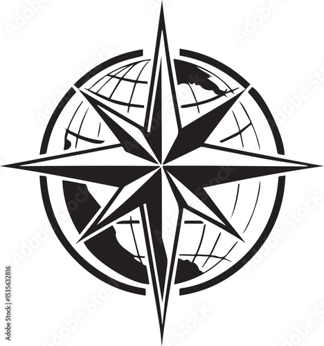 Navigational Compass: A detailed monochrome illustration showcases a navigational compass, its intricate design emphasizing direction, exploration, and the pursuit of new horizons. 