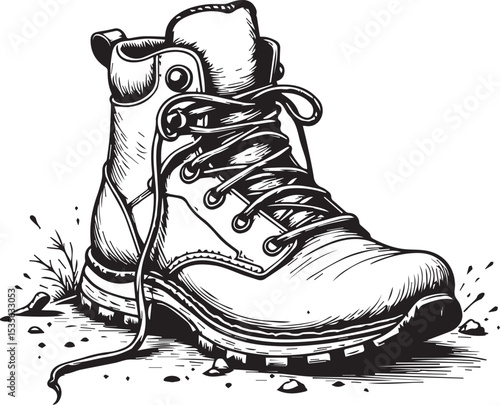 Rough Terrain Boot: A meticulously drawn illustration depicts a sturdy boot, ready to traverse rough terrain. The linework accentuates the boot's resilience and preparedness for any journey.
