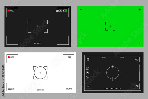 Photo and video camera viewfinder display screen frames. Screen recorder, digital display interface. Camera UI digital overlays with information indicators