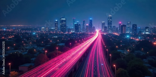 A futuristic cityscape at night, glowing fiber optic cables forming a network, representing the digital information superhighway , data transfer, fast internet