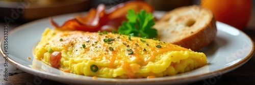 A fluffy, golden-brown omelette overflowing with cheese and fresh vegetables, served with crispy bacon and toasted bread for a hearty breakfast , cuisine, side dish