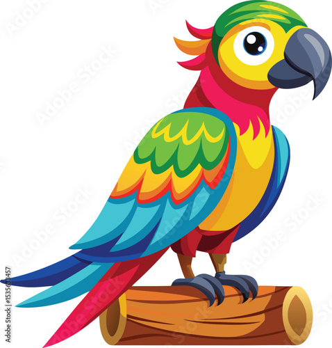 Colorful cartoon parrot on wooden log