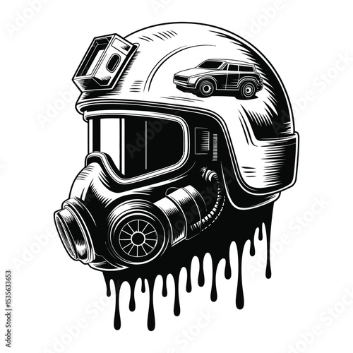 Tactical Helmet with Gas Mask Illustration