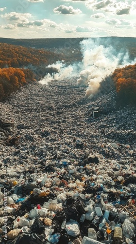 mountain of garbage waste plastic bottles packages of rotting food	
