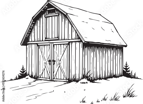 Rustic Barn: A detailed black and white illustration of a classic wooden barn, evoking the charm of countryside life. The barn features large sliding doors, a gabled roof.