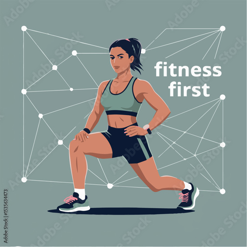 Athletic woman doing fitness stretching exercise healthy lifestyle active sporty girl training strong body gym yoga lunge