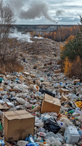 mountain of garbage waste plastic bottles packages of rotting food	

