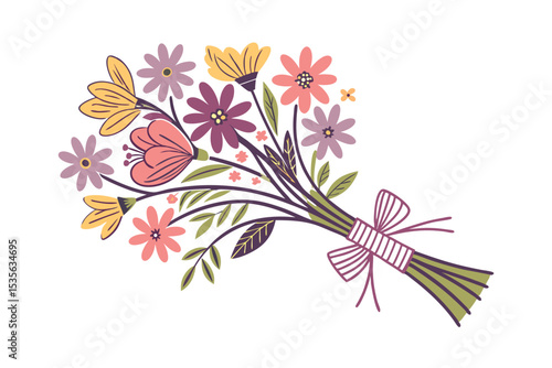 Colorful wildflower bouquet with striped ribbon vector art illustration