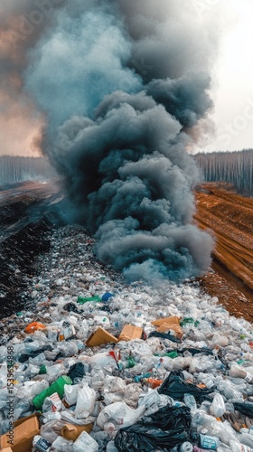 mountain of garbage waste plastic bottles packages of rotting food	
