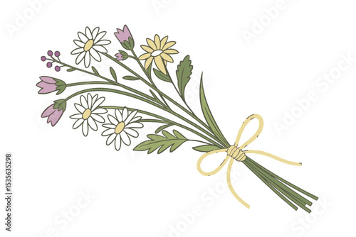 Field-picked cottagecore flowers with burlap ribbon vector art illustration