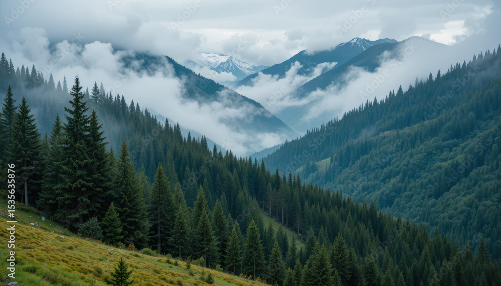 Fototapeta premium Misty Mountain Valley With Dense Forest 