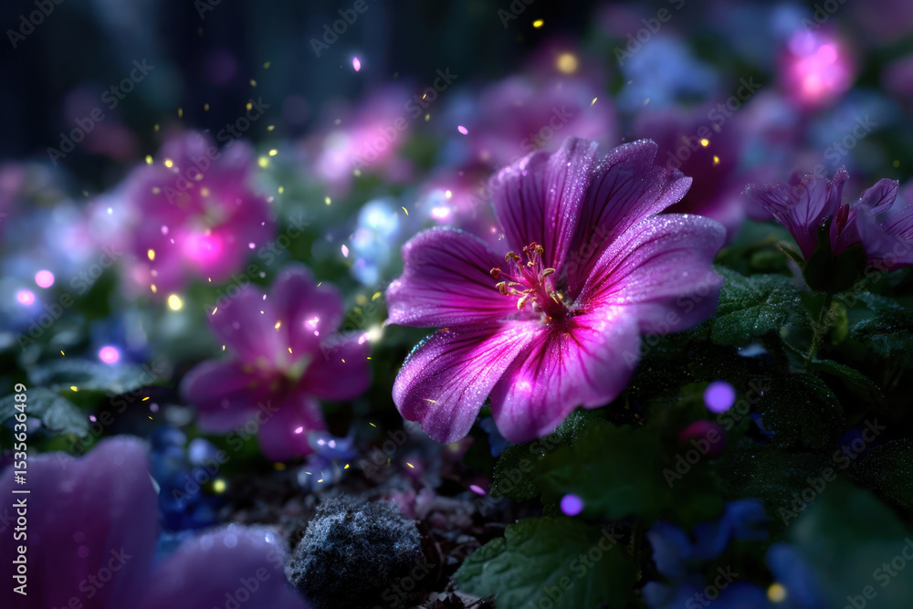 Vibrant pink flowers bloom in a serene garden during dusk with shimmering light effects Vibrant pink flowers bloom in a serene garden during dusk with shimmering light effects