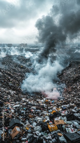mountain of garbage waste plastic bottles packages of rotting food	
