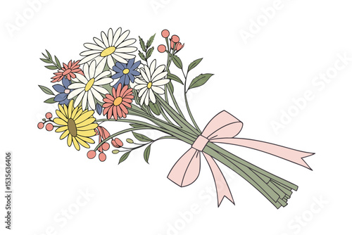 Fresh picked meadow bouquet with ribbon vector art illustration