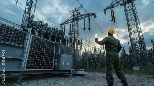 A worker wearing a yellow helmet inspects electrical equipment at a high-voltage power substation during sunset.