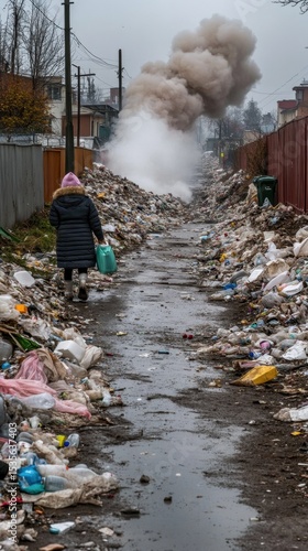 mountain of garbage waste plastic bottles packages of rotting food	
