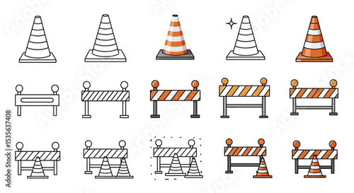 Construction Icons Road Closed Barriers and Cones Vector Illustrations