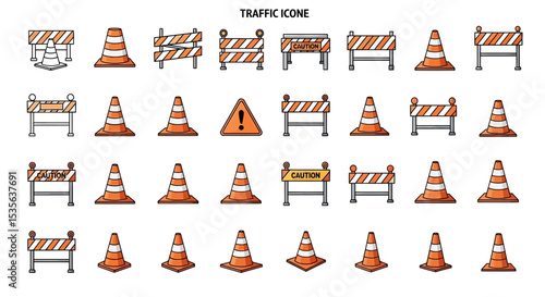 Collection of Cartoon Traffic Icons Road Barriers, Cones, and Caution Signs