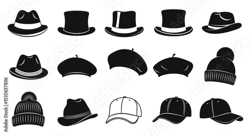 Collection of Headwear Icons Hats, Caps, and Beanies - Vector Illustrations