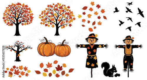 Autumn Harvest Clipart Trees, Pumpkins, Scarecrow, Leaves, and Squirrel Illustrations