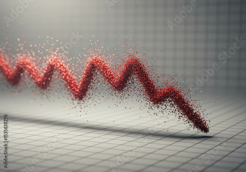 Red particle graph line showing a downward trend on a grid background. Abstract financial market chart for business decline data.