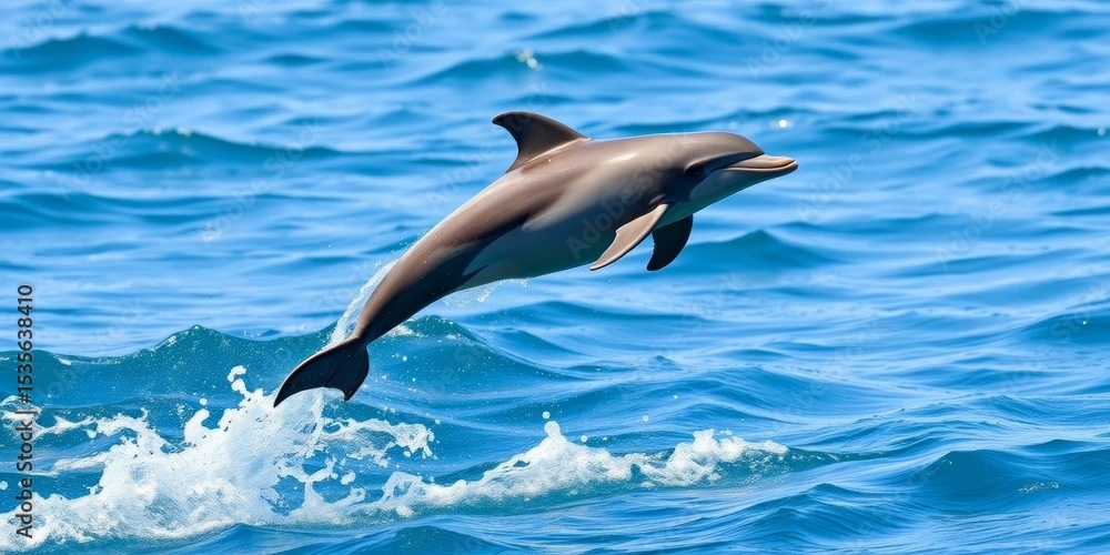 Obraz premium A playful dolphin calf leaps high above the ocean's surface, its sleek body glistening in the sunlight, adorable, animal