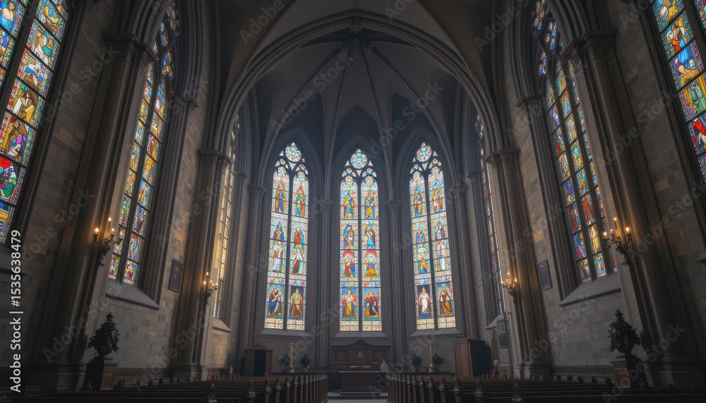 Fototapeta premium Stained Glass Windows Illuminating Church Interior