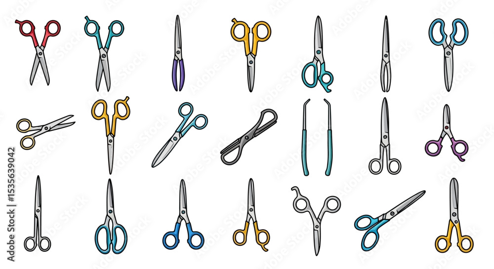 Naklejka premium Collection of Colorful Scissors Illustrations Perfect for Hairdressing, Craft, and Design Projects