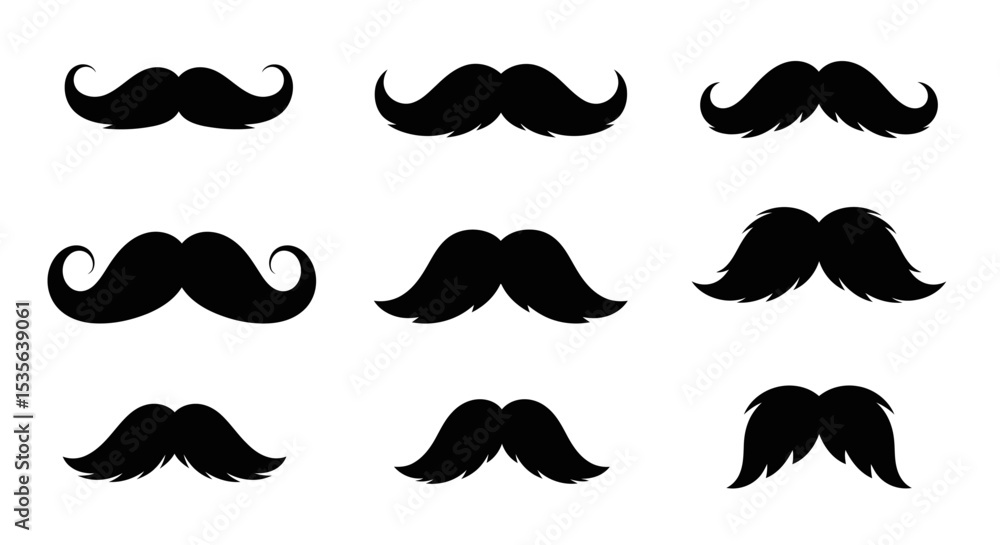 Collection of Nine Vector Mustache Silhouettes Diverse Styles for Design Projects Collection of Nine Vector Mustache Silhouettes Diverse Styles for Design Projects