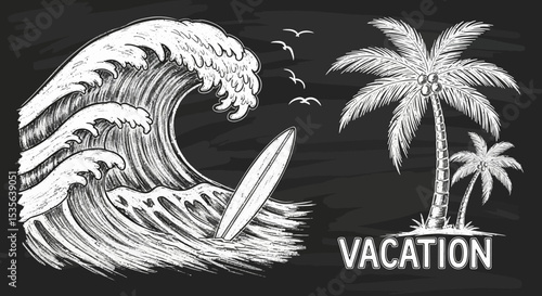 Ocean Wave, Surfboard, and Palm Trees Chalkboard Vacation Illustration