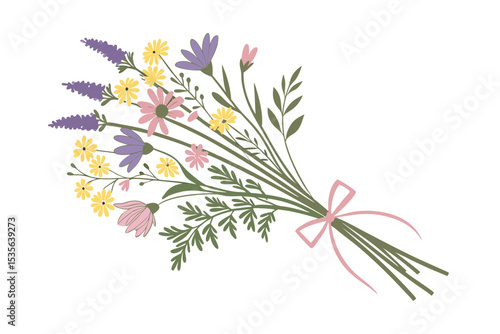 Rustic meadow bouquet with floral ribbon vector art illustration