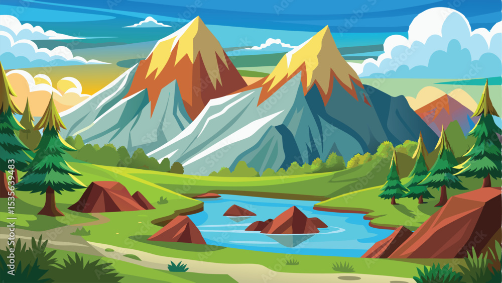 Cartoon Landscape with Mountain Peaks, Forest, Blue River, and Cloudy Sky Cartoon Landscape with Mountain Peaks, Forest, Blue River, and Cloudy Sky