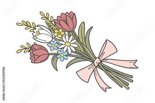 Springtime wildflower bouquet with bow vector art illustration