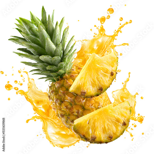 Refreshing pineapple burst with juicy slices and liquid splashes on isolated background for healthy living