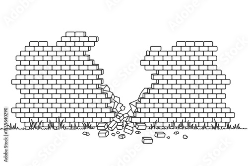 Broken Brick Wall Line Art Illustration