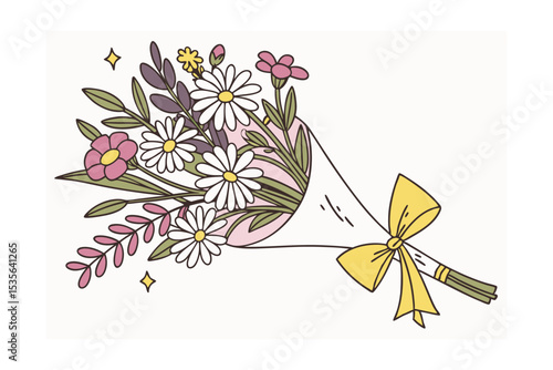 Whimsical wildflower bouquet with bow vector art illustration