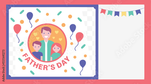 Happy father's day illustration with family portrait, balloons and decorative banners