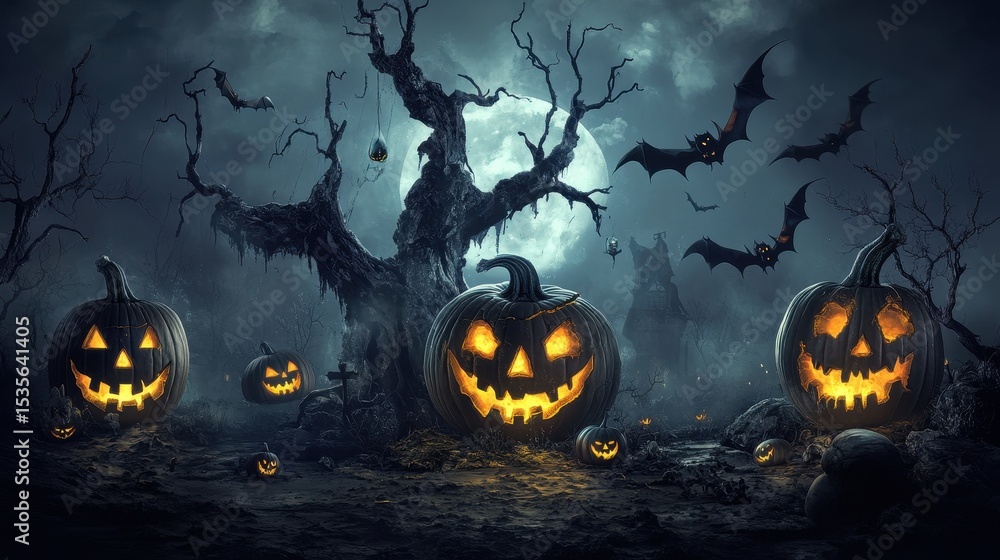 Fototapeta premium Halloween night scene with glowing jack o lanterns, bats flying near a full moon, and spooky trees creating a festive and eerie atmosphere for holiday celebrations.
