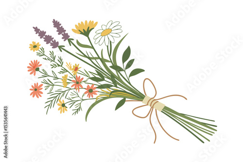 Wildflowers and herbs bouquet with natural ribbon vector art illustration